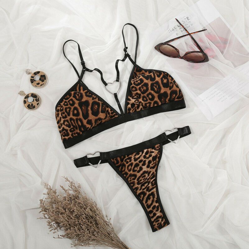 Women Leopard Push Up Bra Thong Sexy Babydoll Lingerie Set Nightwear Underwear - 图片 5