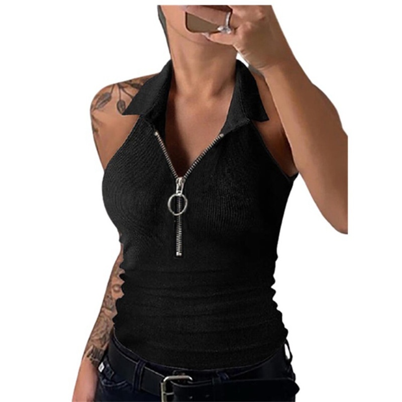 Tank Top Women Sexy Vest Zipper Large V-neck Sleeveless Shirt Slim Top Casual - 图片 4