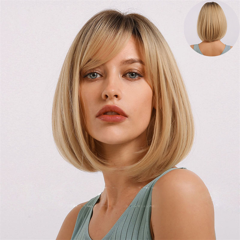 Wig Women Bangs Bob Head Gradient Golden Chemical Fiber Wig Fashion - 图片 16