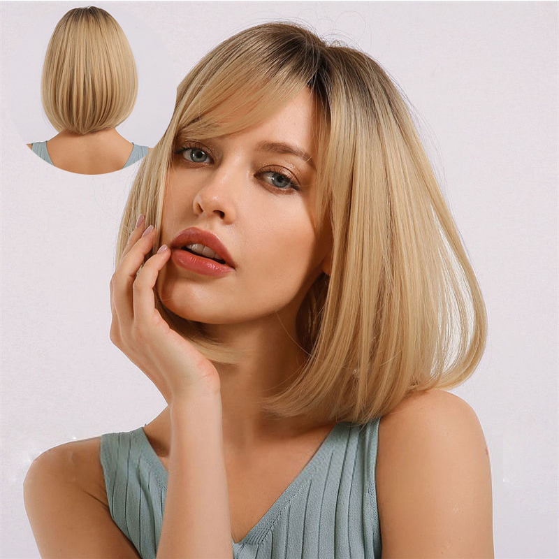 Wig Women Bangs Bob Head Gradient Golden Chemical Fiber Wig Fashion - 图片 12