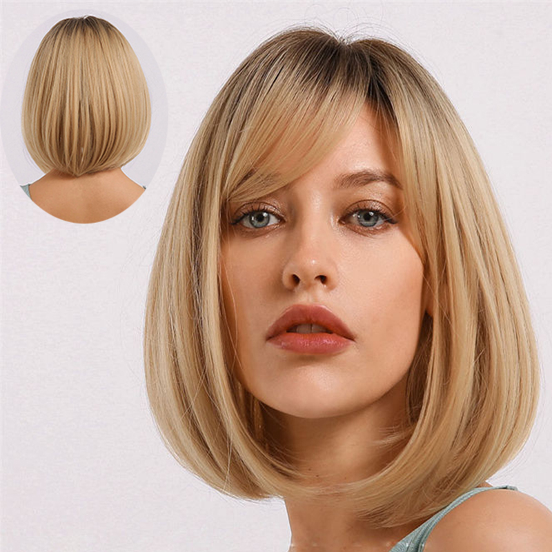 Wig Women Bangs Bob Head Gradient Golden Chemical Fiber Wig Fashion - 图片 15