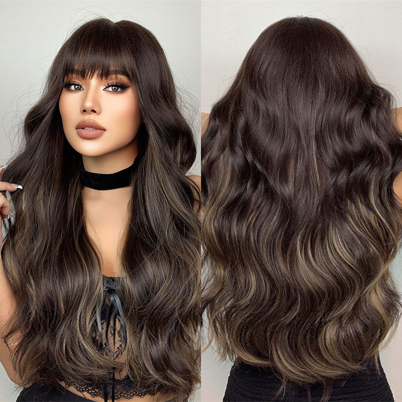 Fashion Women's Wig Long Curly Hair with Bangs Black Brown Big Wave Wig Head Cover - 图片 13