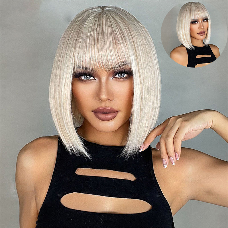 Wig Female Straight Bangs White Gold Color Short Straight Hair Haircut Full-Head Wig - 图片 10