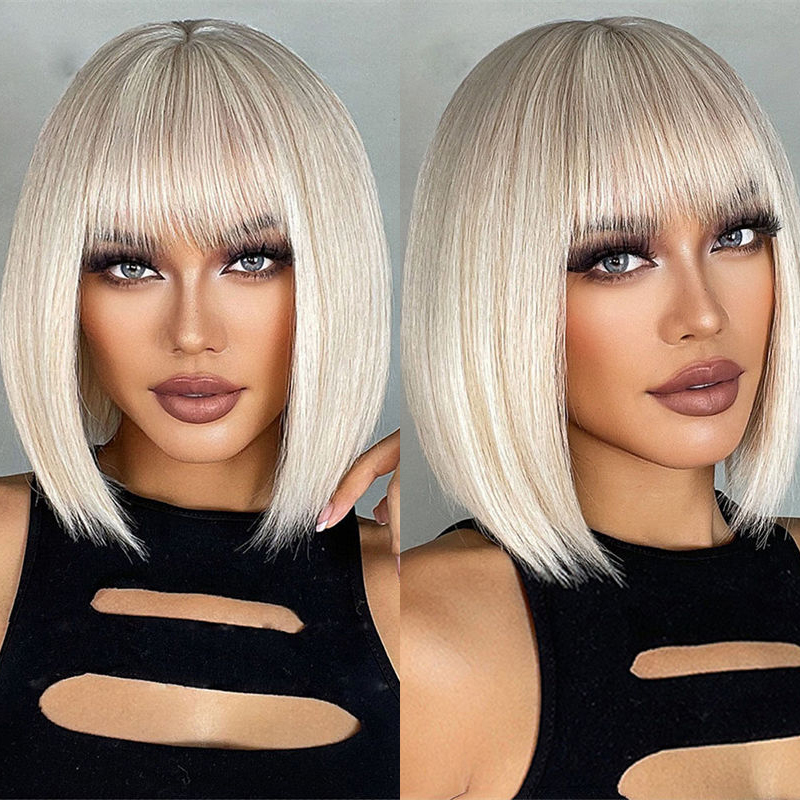 Wig Female Straight Bangs White Gold Color Short Straight Hair Haircut Full-Head Wig - 图片 11