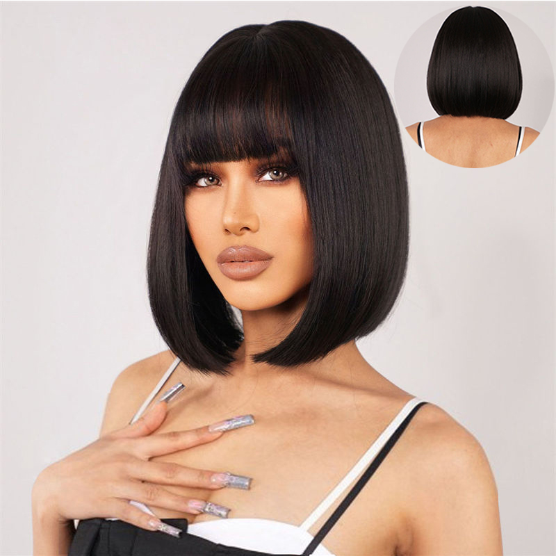 Women Natural Black Daily Go out Can Wear inside Buckle Tail Straight Bangs Short Hair - Image 13