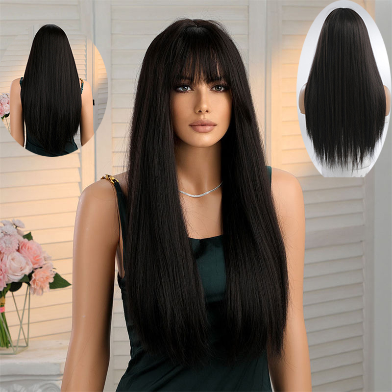 Black Long Straight Hair Straight Bangs Natural Daily Chemical Fiber Headgear Wig Female - 图片 15