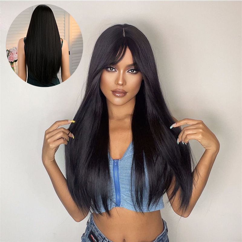 Black Long Straight Hair Straight Bangs Natural Daily Chemical Fiber Headgear Wig Female - 图片 13