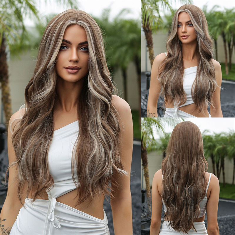 Mid-Length Long Curly Wig Female Hair Hanging Ear Dyed Fluffy Big Wave Mixed Brown Hair Color Full-Head Wig