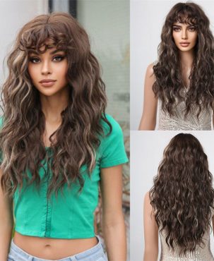 Wool Long Hair Curly Top Bangs Dyed Brown Fluffy Lady Simulation Wig Full-Head Wig