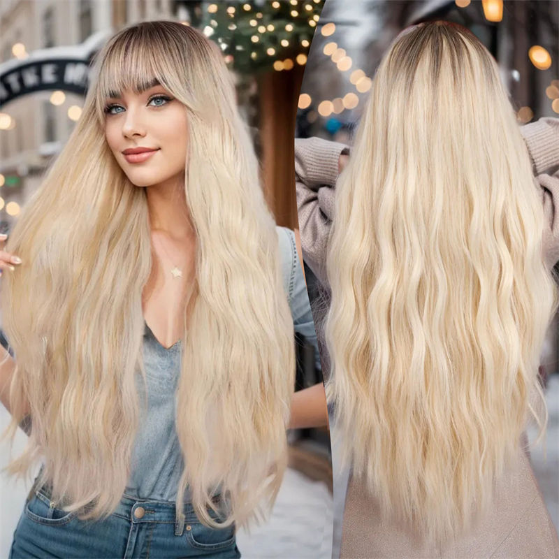 Fashion Wig Chemical Fiber Full-Head Wig Air Bangs Fluffy Gradient Golden Big Wave Long Curly Hair Full Top Wig - 图片 9