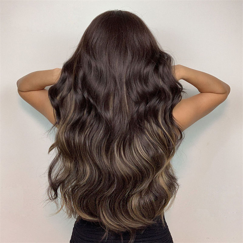 Fashion Women's Wig Long Curly Hair with Bangs Black Brown Big Wave Wig Head Cover - 图片 10