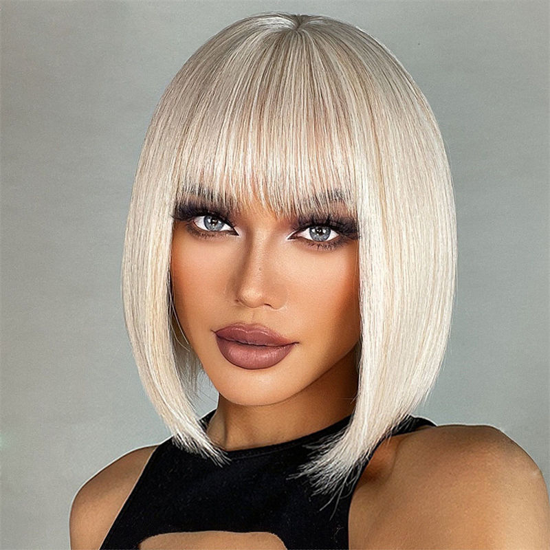 Wig Female Straight Bangs White Gold Color Short Straight Hair Haircut Full-Head Wig - 图片 4