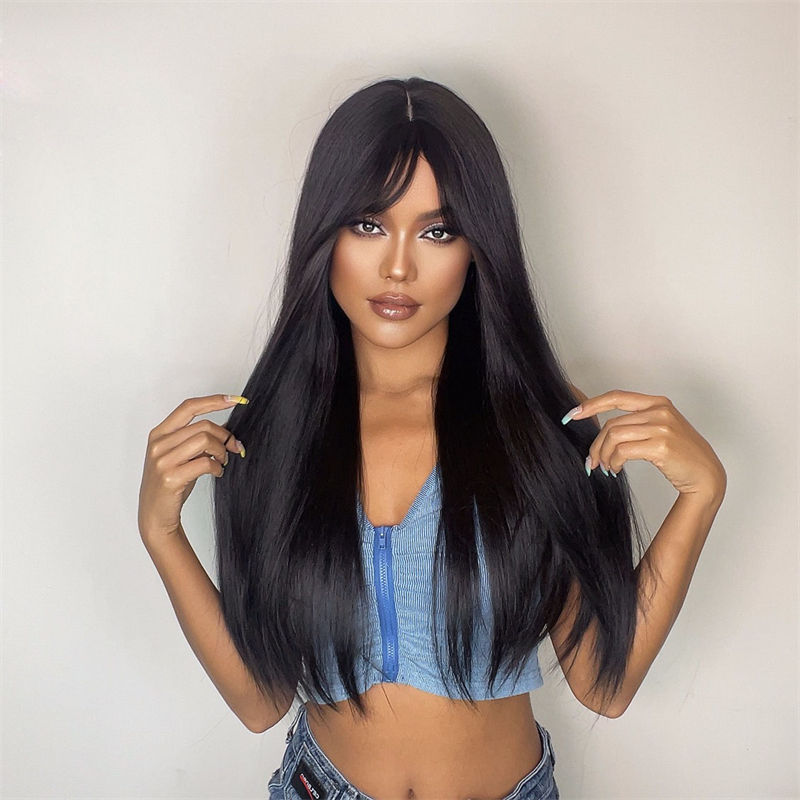 Black Long Straight Hair Straight Bangs Natural Daily Chemical Fiber Headgear Wig Female - 图片 10