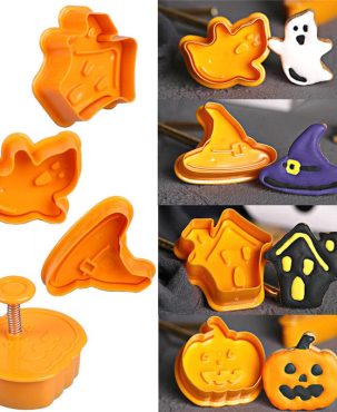 4pcs Halloween Pumpkin Ghost Theme Plastic Cookie Cutter Plunger Fondant Sugarcraft Chocolate Mold Cake Decorating Tools