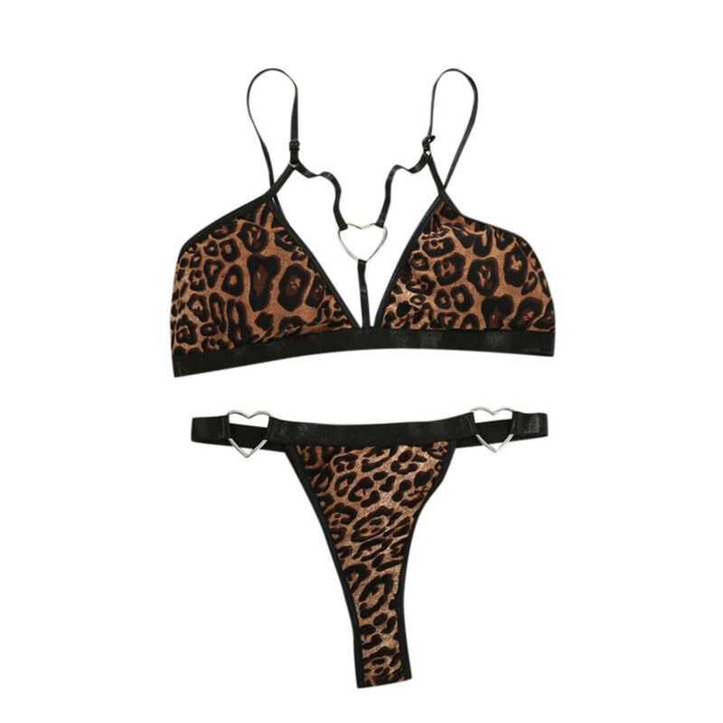 Women Leopard Push Up Bra Thong Sexy Babydoll Lingerie Set Nightwear Underwear - 图片 6