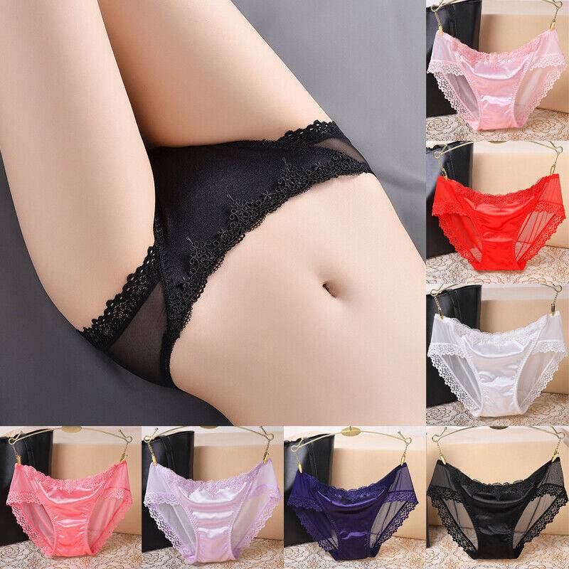 Sexy Women Shiny Satin Lace Knickers Briefs Panties Seamless Underwear Lady