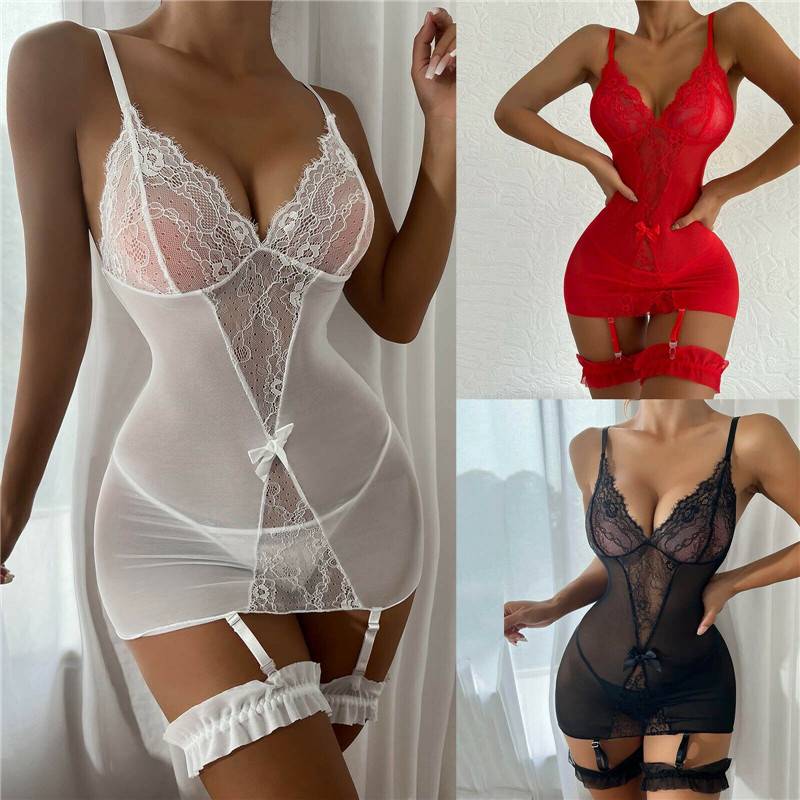 Women Sexy Lingerie Crotchless Lace Fishnet Bodysuit Bodystocking Babydoll Thong - 图片 9