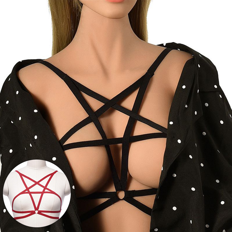 Sexy Goth Pentagram Lingerie Elastic Harness Cage Bra Cupless Body Chain - 图片 11