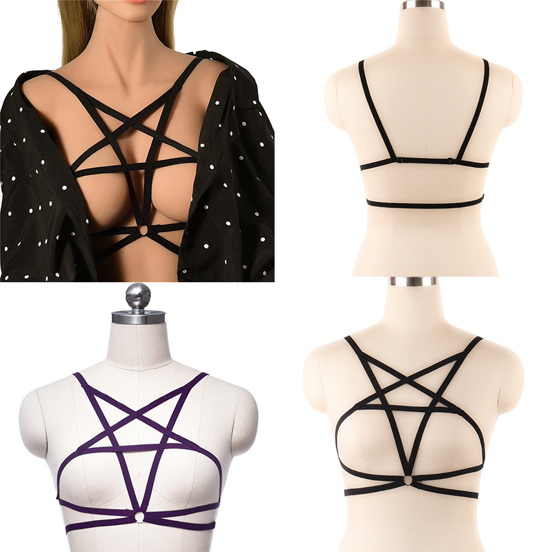 Sexy Goth Pentagram Lingerie Elastic Harness Cage Bra Cupless Body Chain - 图片 12