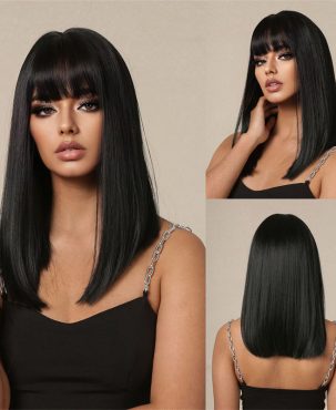 Wig Women Summer Long Hair Natural Full Head Cover Mid-Length Straight Hair Fashion Air Bangs Black