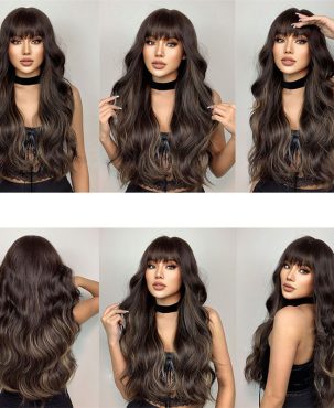 Fashion Women's Wig Long Curly Hair with Bangs Black Brown Big Wave Wig Head Cover