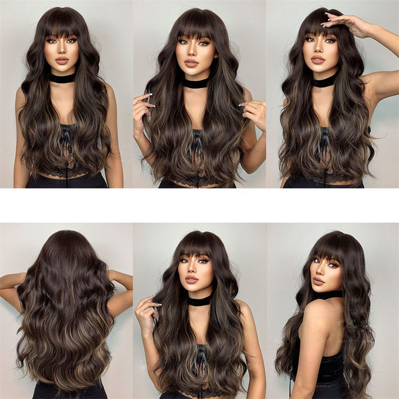 Fashion Women's Wig Long Curly Hair with Bangs Black Brown Big Wave Wig Head Cover