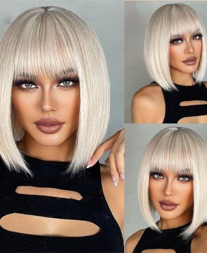 Wig Female Straight Bangs White Gold Color Short Straight Hair Haircut Full-Head Wig