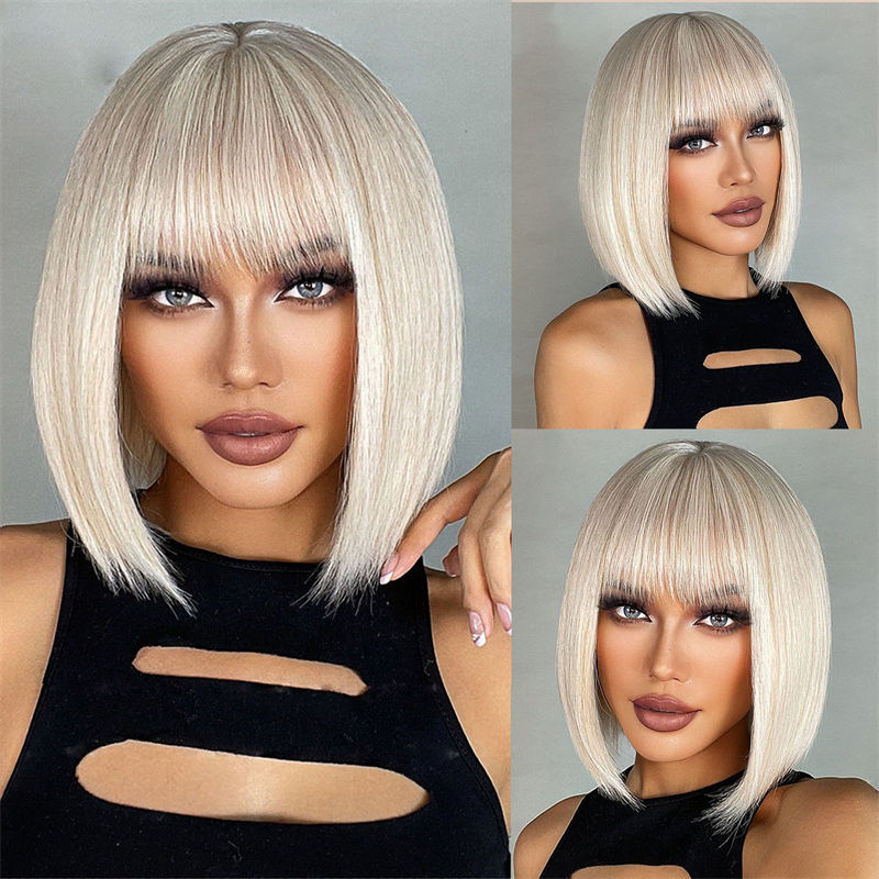 Wig Female Straight Bangs White Gold Color Short Straight Hair Haircut Full-Head Wig
