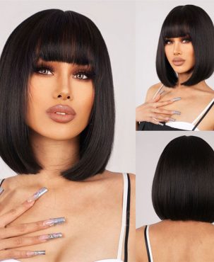 Women Natural Black Daily Go out Can Wear inside Buckle Tail Straight Bangs Short Hair