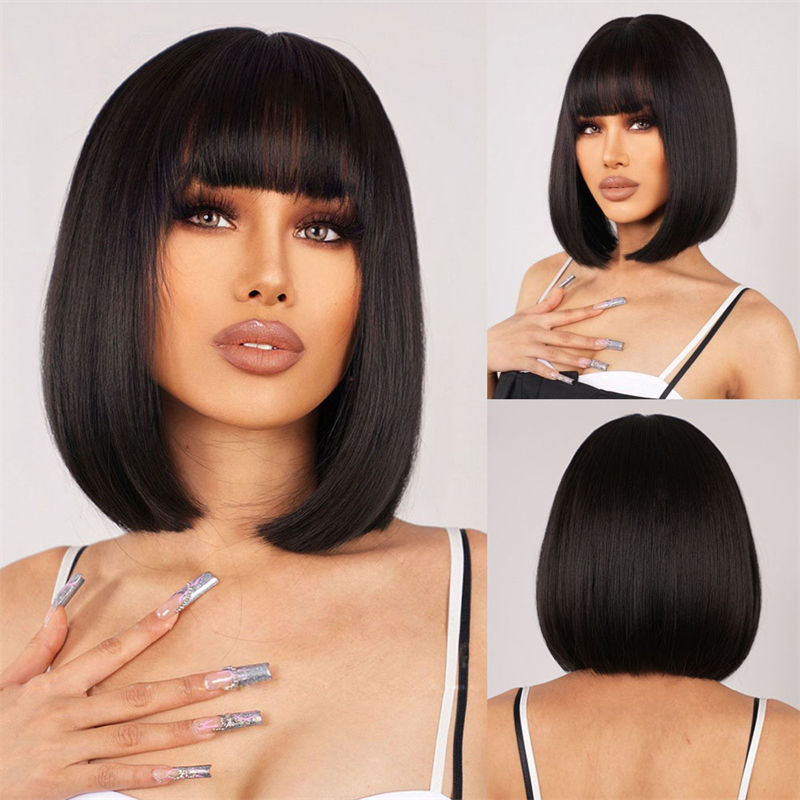 Women Natural Black Daily Go out Can Wear inside Buckle Tail Straight Bangs Short Hair