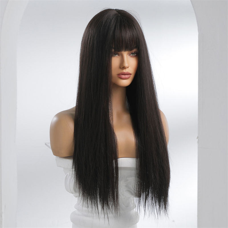 Black Long Straight Hair Straight Bangs Natural Daily Chemical Fiber Headgear Wig Female - 图片 11