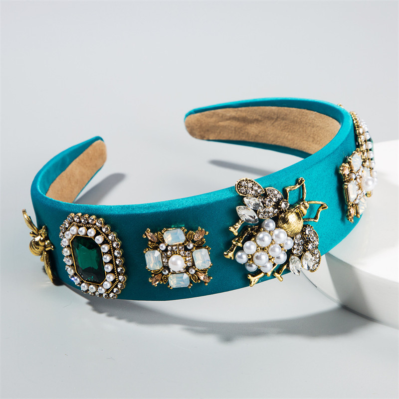 Creative Baroque Headband Rhinestone-Encrusted Pearl Headband Bee Color Fabric Garland Headdress - 图片 6