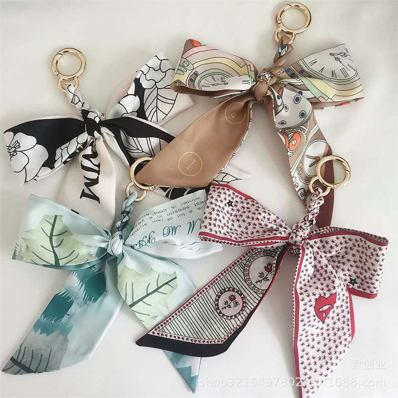 New Camellia Silk Scarf Bow Keychain Pendant Fresh Korean Style Girls' Bags Hanging Ornament Car Key Ring - 图片 17