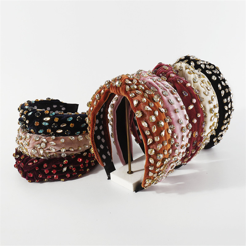 Fashion Gold Velvet Handmade Sewing Full Diamond Headband Retro Baroque Hair Accessories - 图片 10