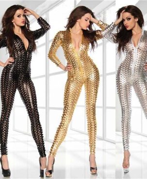 Women's Sexy PVC Leather Wet Look Jumpsuit Hollow Bodysuit Catsuit Clubwear