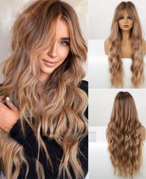 Women Wig Elegant Eight-Character Bangs Brown Long Curly Hair High Temperature Silk Chemical Fiber Headgear Wigs