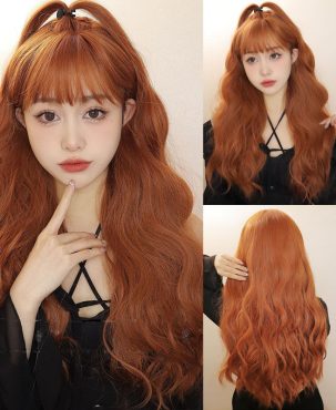 Wig Women Long Hair Straight Bangs Water Ripple Orange Natural Wig Head Cover