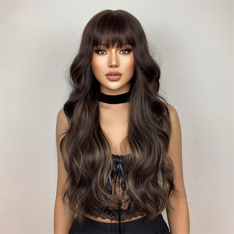 Fashion Women's Wig Long Curly Hair with Bangs Black Brown Big Wave Wig Head Cover - 图片 11