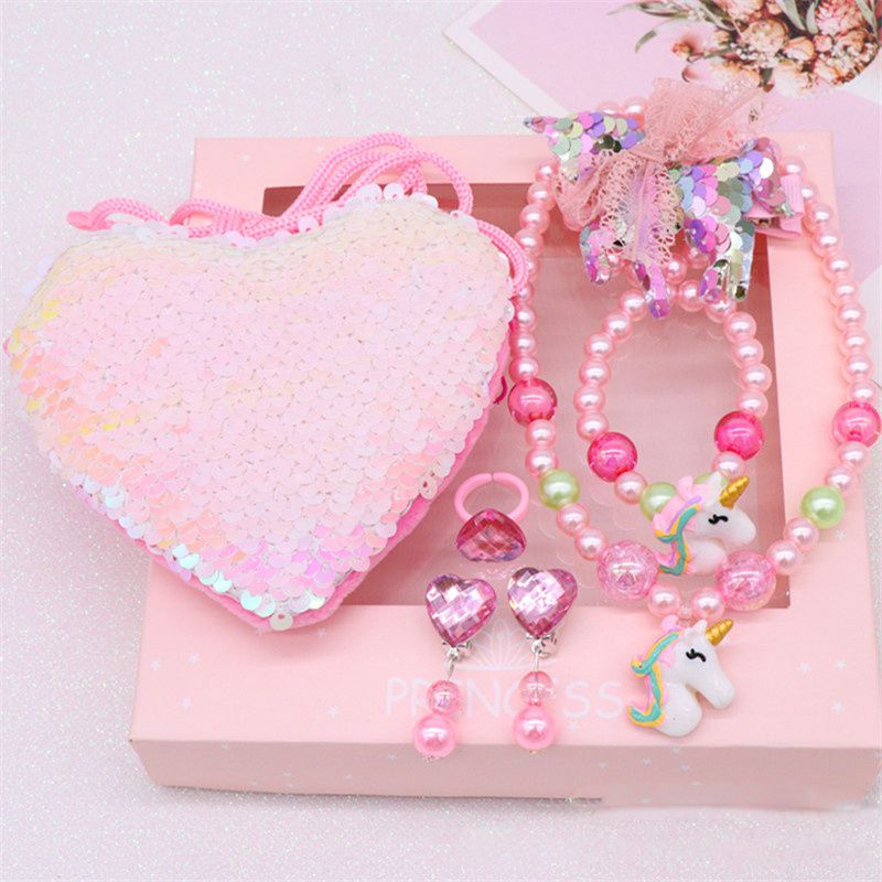 Mermaid Accessories Jewelry Set Sequins Purse Necklace Bracelet Bow Hair Clip Shell Earring Gift for Elsa Princess Girls - Image 3