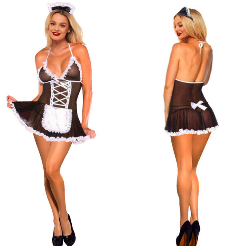 French Maid Sexy Lingerie Mesh BDSM Cosplay Uniform Outfit Lace Up Dress - Image 11