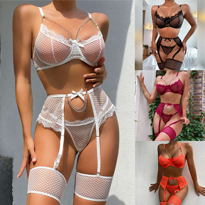 Sexy Women's Lace Bra Suspender Body Stocking Thong 3Pcs Set Underwear Lingerie - Image 61