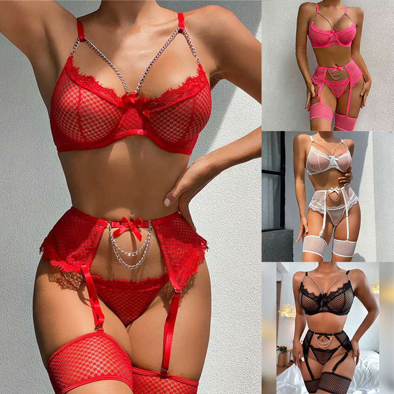Sexy Women's Lace Bra Suspender Body Stocking Thong 3Pcs Set Underwear Lingerie - Image 63