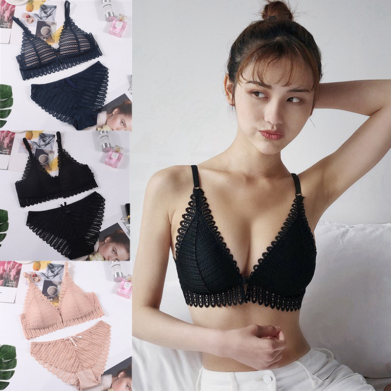 Summer Underwear Female Sexy Lace Beautiful Back Triangle Cup Bra Push up Wireless Front Button Bra Set - 图片 11