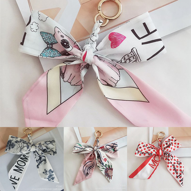 New Camellia Silk Scarf Bow Keychain Pendant Fresh Korean Style Girls' Bags Hanging Ornament Car Key Ring - 图片 22