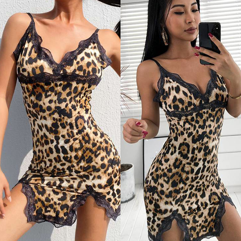 Cross-Border European and American New Sexy Lingerie Sexy Lace Leopard Print Split Sling Nightdress Factory Wholesale and Retail - Image 6