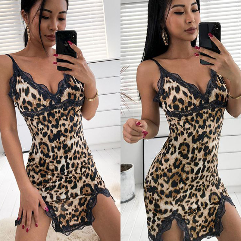 Cross-Border European and American New Sexy Lingerie Sexy Lace Leopard Print Split Sling Nightdress Factory Wholesale and Retail - Image 7