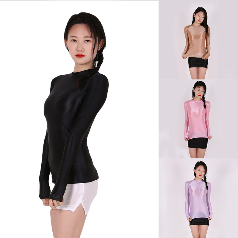Very Thin Shiny Shiny Tight Top Slim Fit T-shirt Sexy See through Breathable Comfortable Sports European and American plus Size 7051 - Image 16