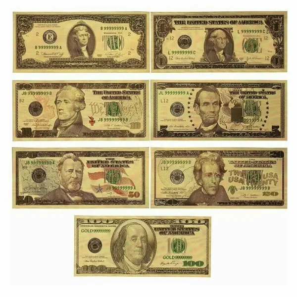 7PCS USD 1/2/5/10/20/50/100 Gold Dollar Bill Full Set Gold Banknote Non-currency