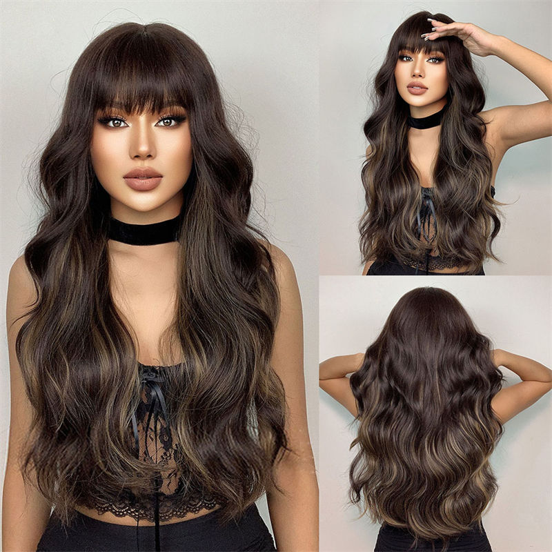 Fashion Women's Wig Long Curly Hair with Bangs Black Brown Big Wave Wig Head Cover - 图片 12