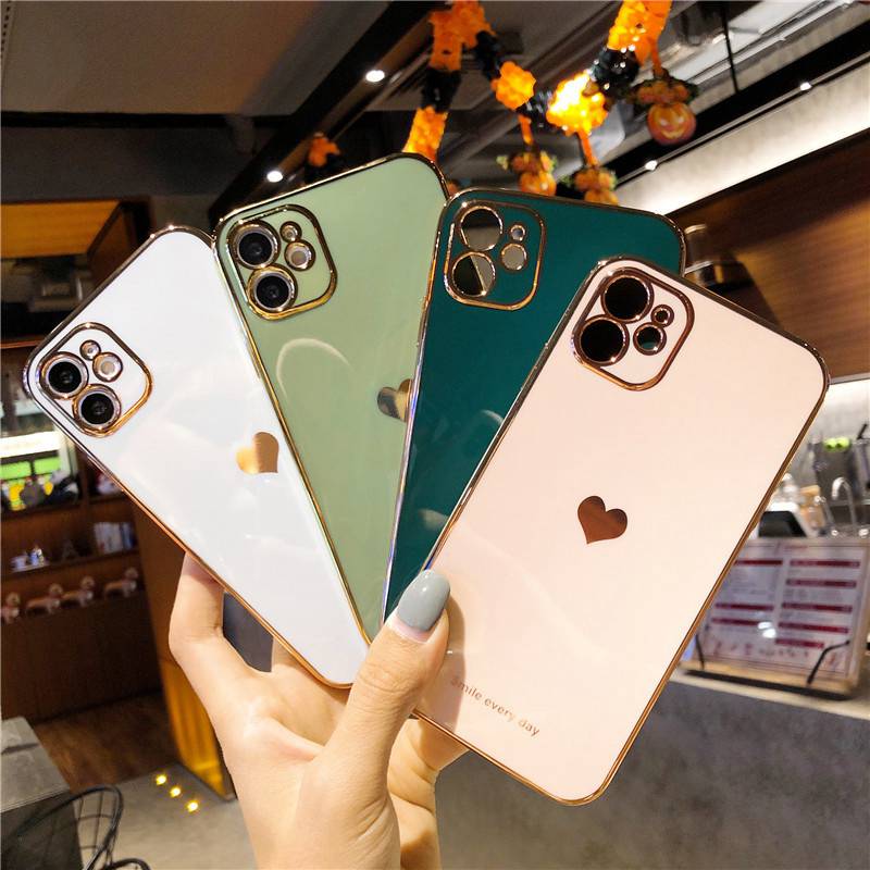 Electroplated Love Heart Phone Case For iPhone 12 13 11 Pro Max XR X XS Max 7 8 Plus Soft Silicone Camera Protective Back Cover